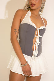 COLOR BLOCK TIE HALTER & FRONT PLEATED MINI DRESS