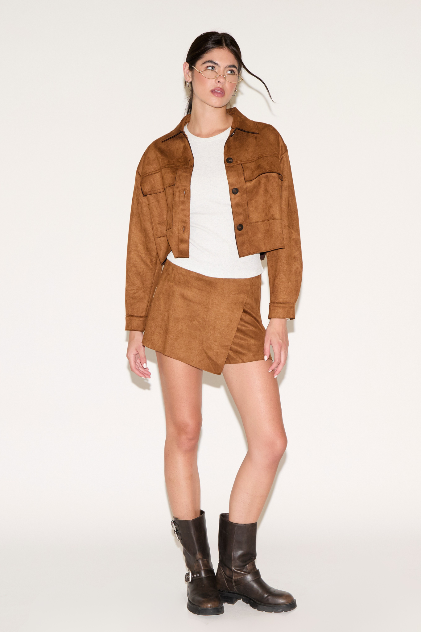 VEGAN SUEDE LONG SLEEVE JACKET WITH FRONT PATCH POCKET