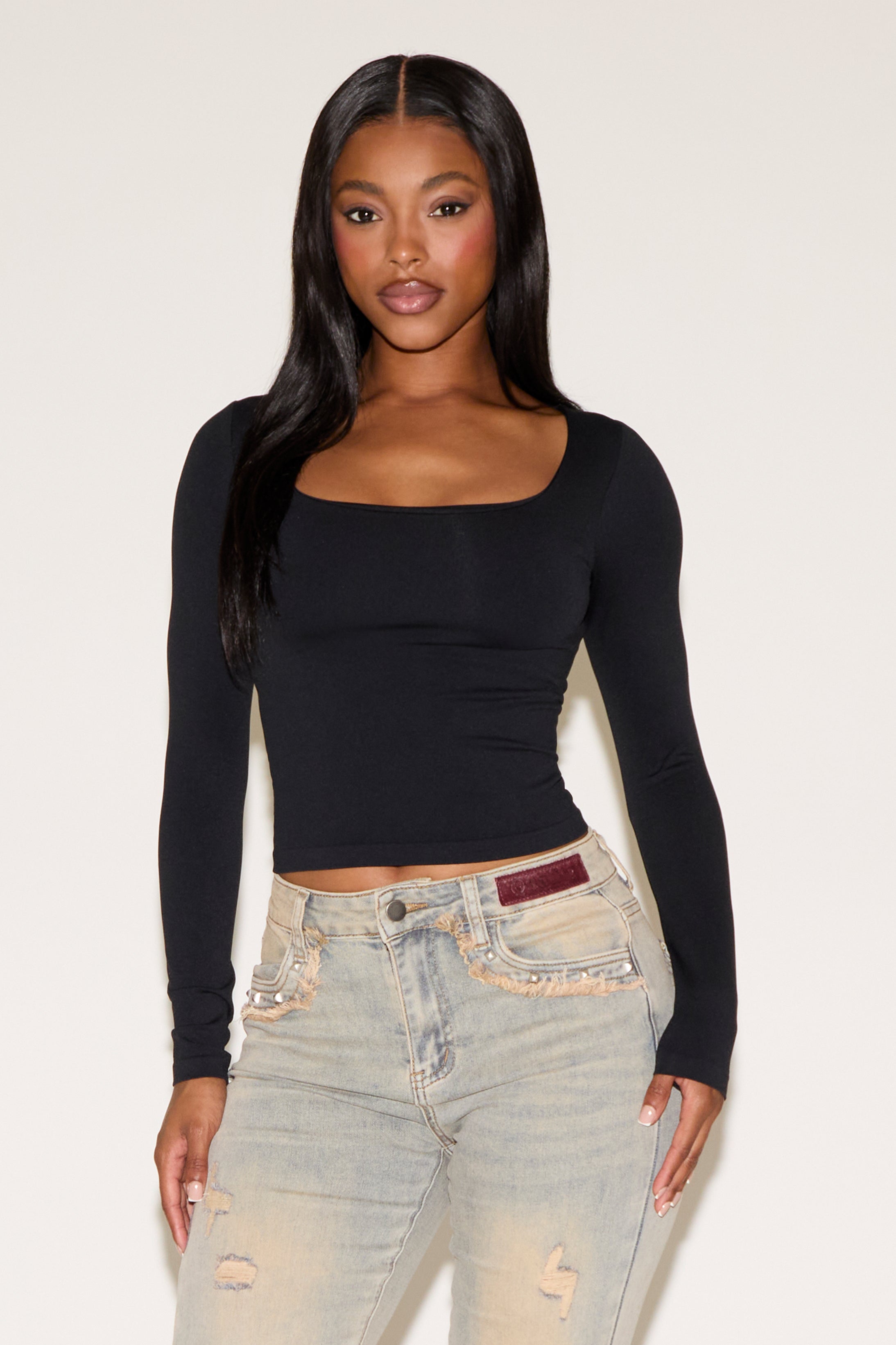 SQUARE NECK SEAMLESS LONG SLEEVE BODYCON TOP – Tenshoppe-store