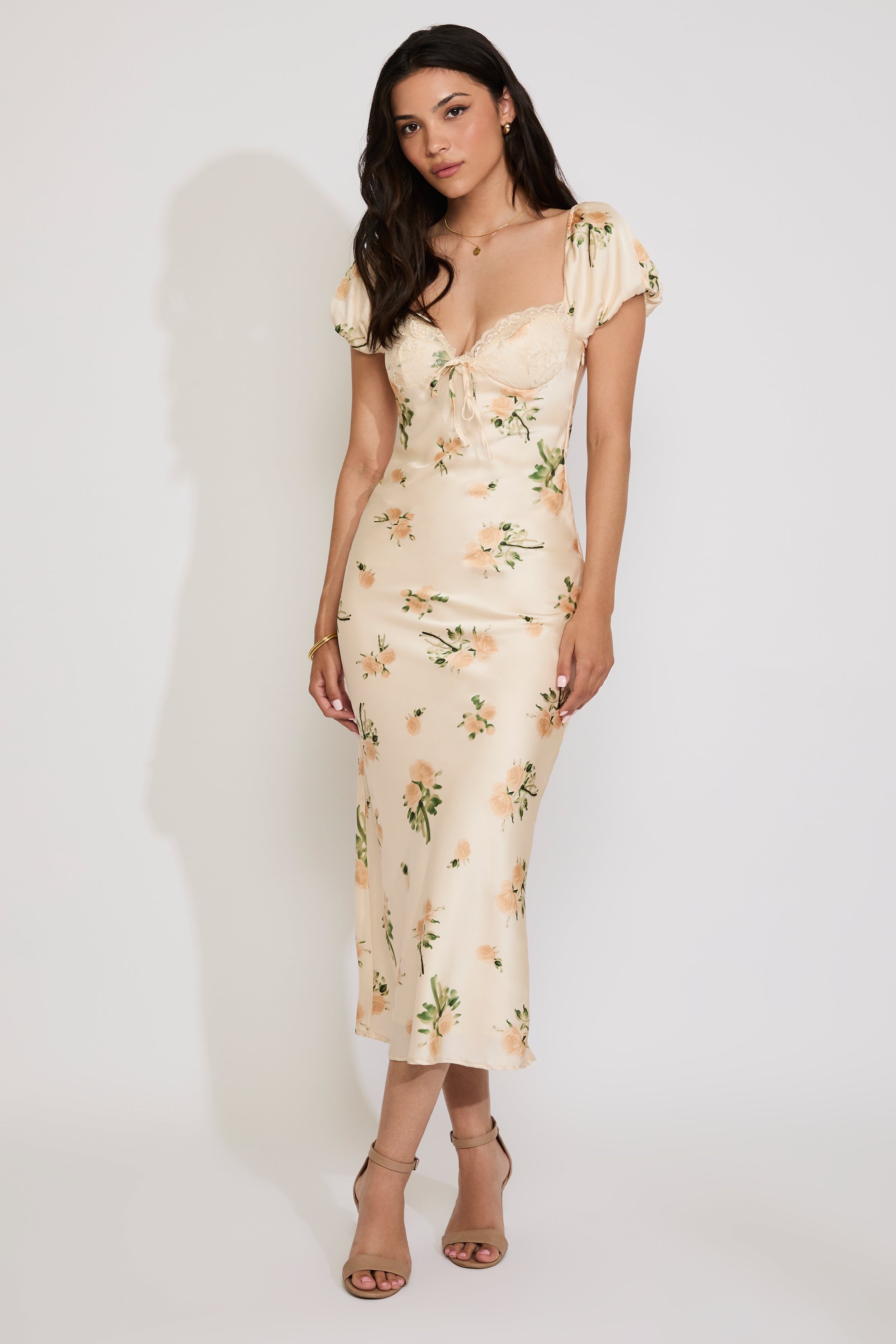 FLORAL SATIN MAXI DRESS WITH LACE DETAIL F / CREAM / L FLORAL SATIN MAXI DRESS WITH LACE DETAIL F / CREAM / L