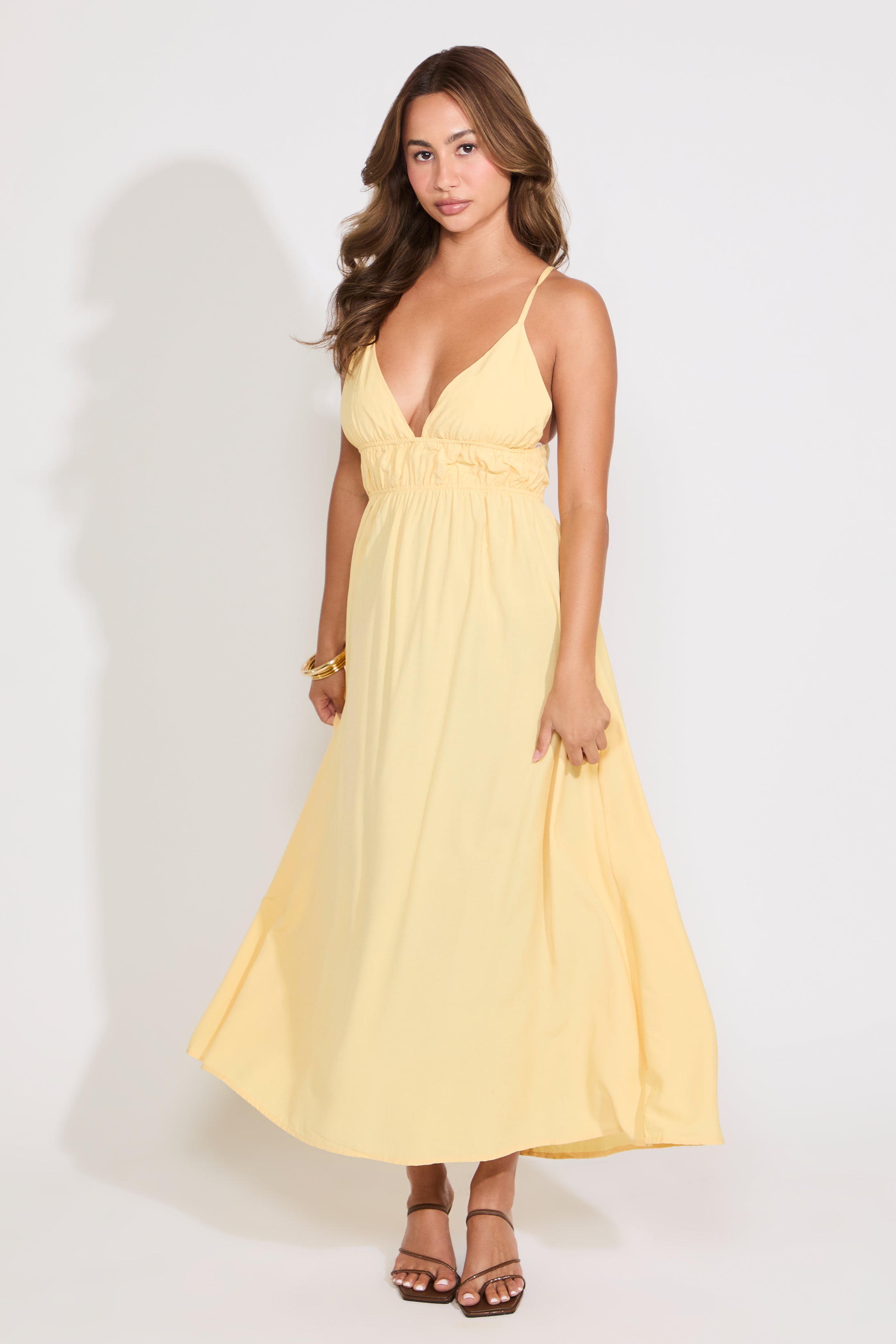elastic empire waist dress CROSS BACK SLEEVELESS MAXI V / YELLOW / L Elegant Pink Sequin Evening archive Tassel Detail Dress Color:Black/Silver