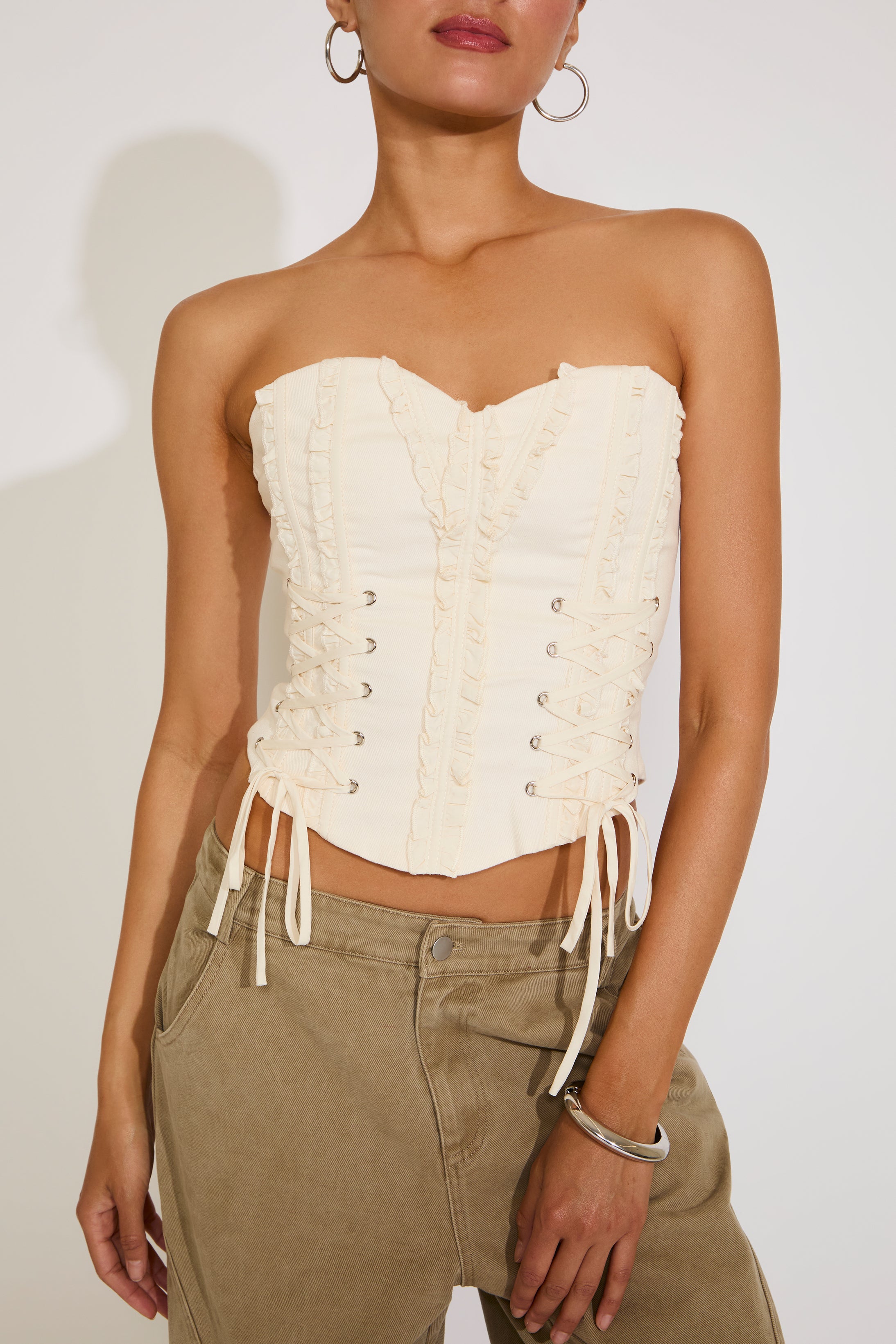 SIDE LACES RUFFLE TRIM STRAPLESS CORSET TOP