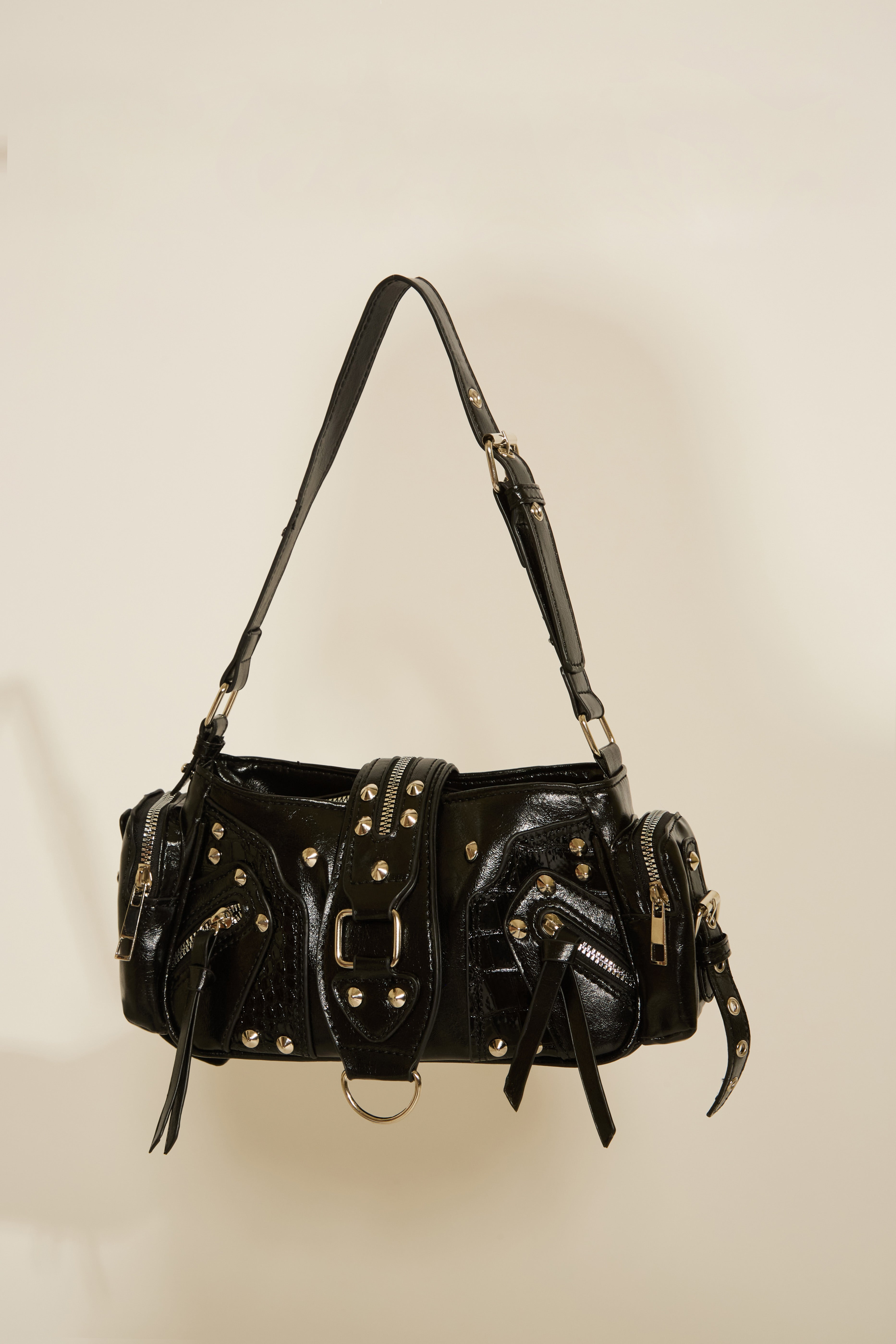 VEGAN LEATHER MULTI ZIP & POCKET SHOULDER BAG