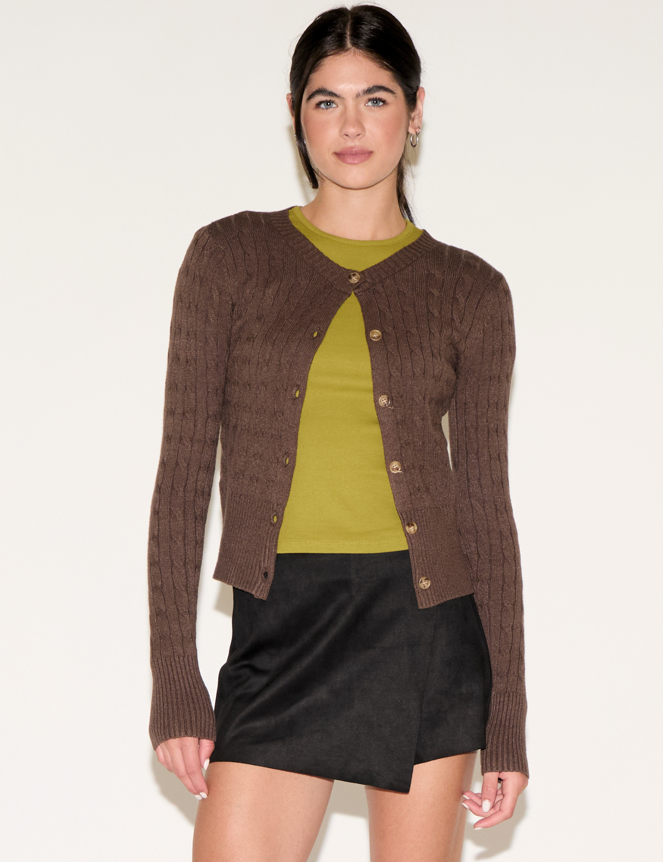 BUTTON UP RIBBED EDGING CABLE KNIT CARDIGAN