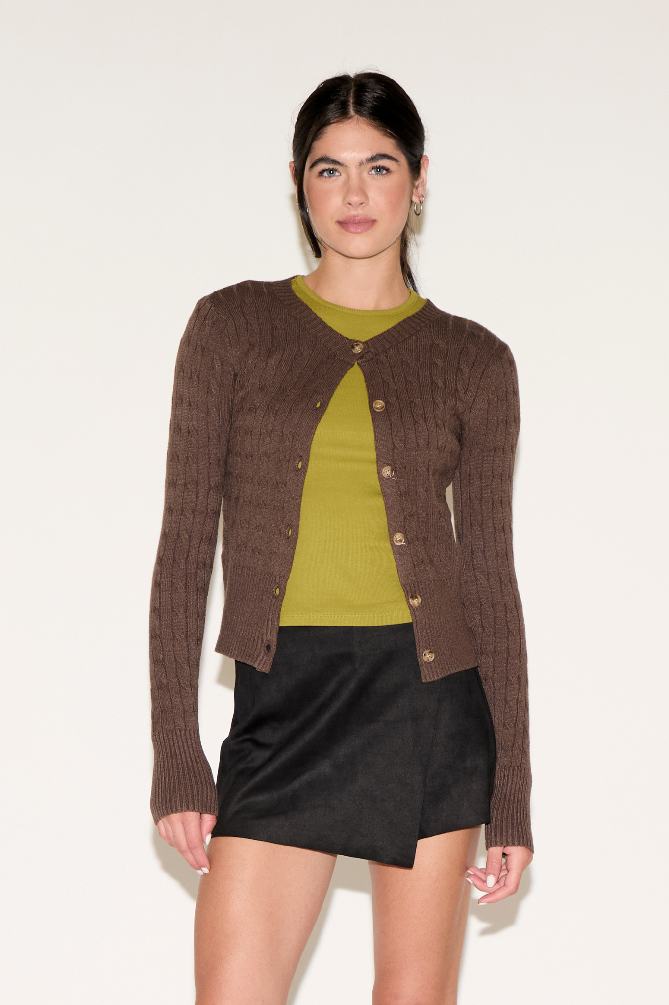 BUTTON UP RIBBED EDGING CABLE KNIT CARDIGAN