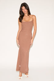 SPAGHETTI STRAP RHINESTONE MESH MERMAID MAXI DRESS