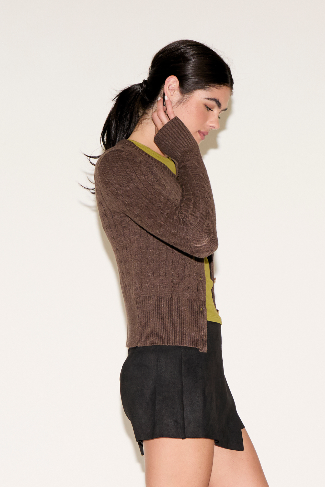 BUTTON UP RIBBED EDGING CABLE KNIT CARDIGAN