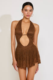 TIE NECK OPEN BACK & FRONT LACE RUFFLED MINI DRESS