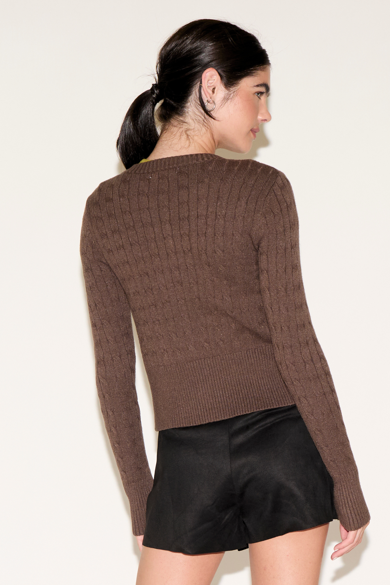 BUTTON UP RIBBED EDGING CABLE KNIT CARDIGAN
