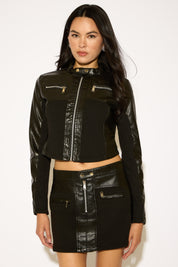 VEGAN LEATHER PANEL ZIP UP CROPPED MOTO JACKET