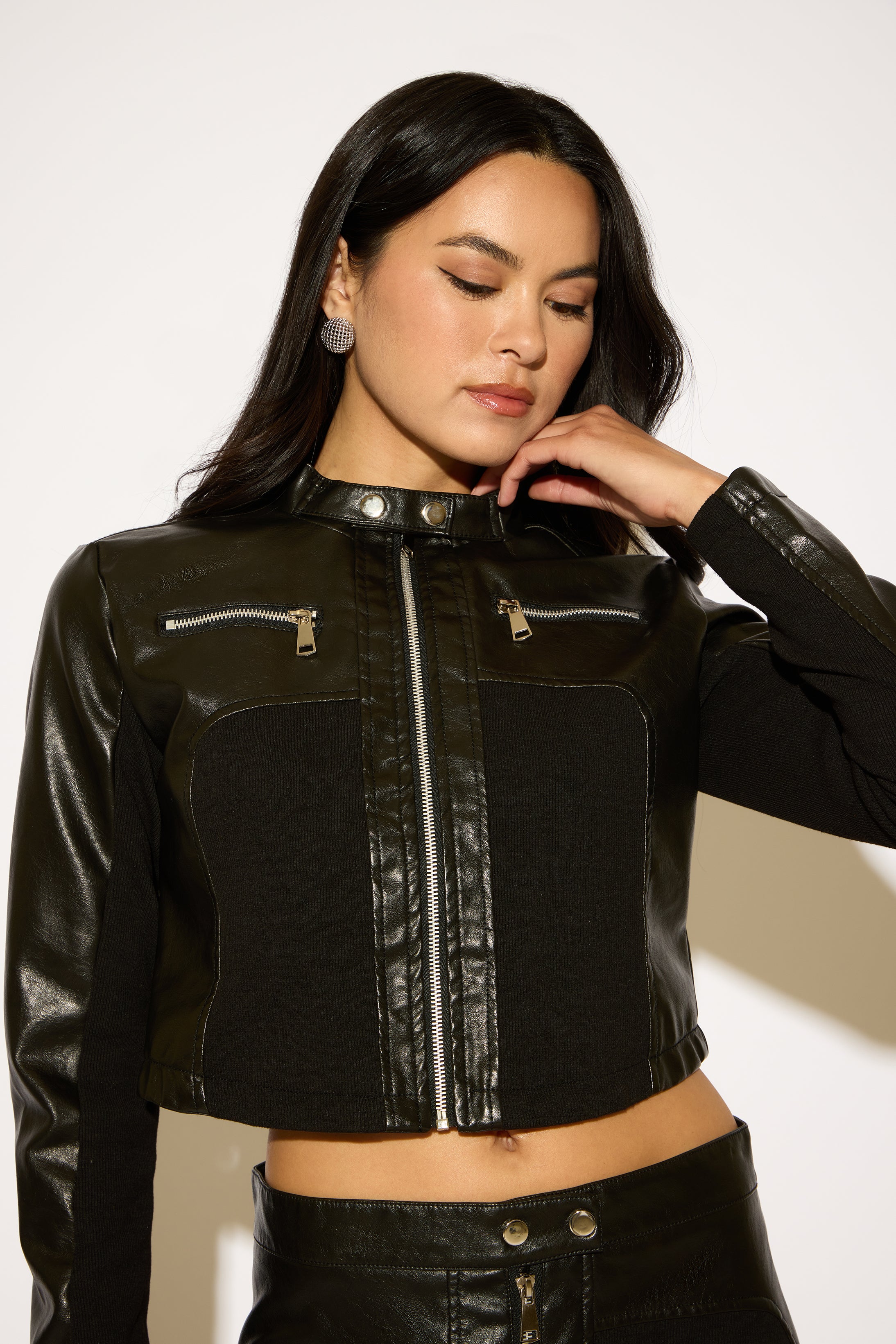 VEGAN LEATHER PANEL ZIP UP CROPPED MOTO JACKET