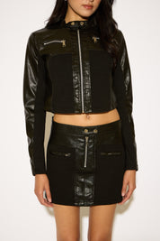 VEGAN LEATHER PANEL ZIP UP CROPPED MOTO JACKET