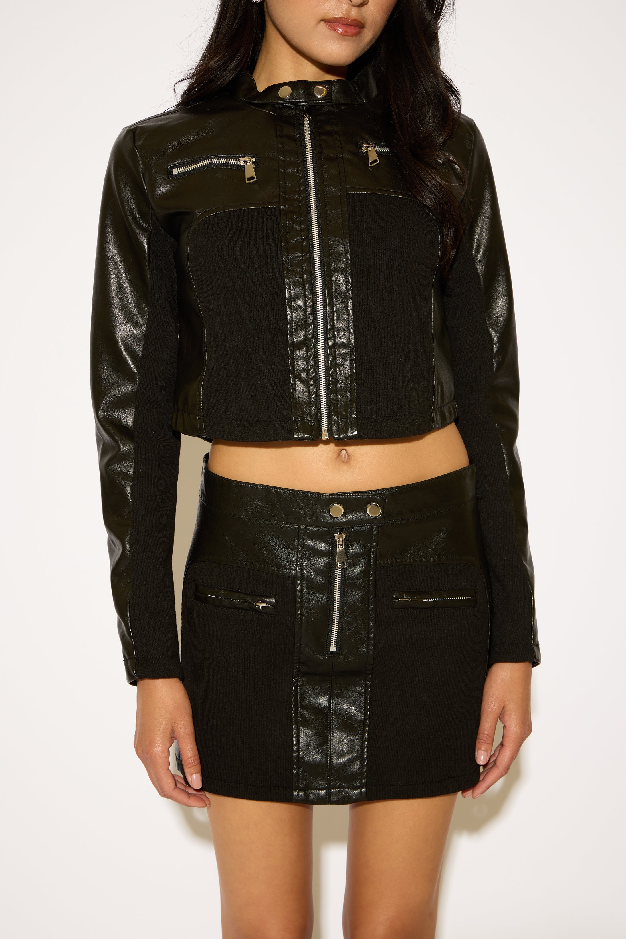 VEGAN LEATHER PANEL ZIP UP CROPPED MOTO JACKET