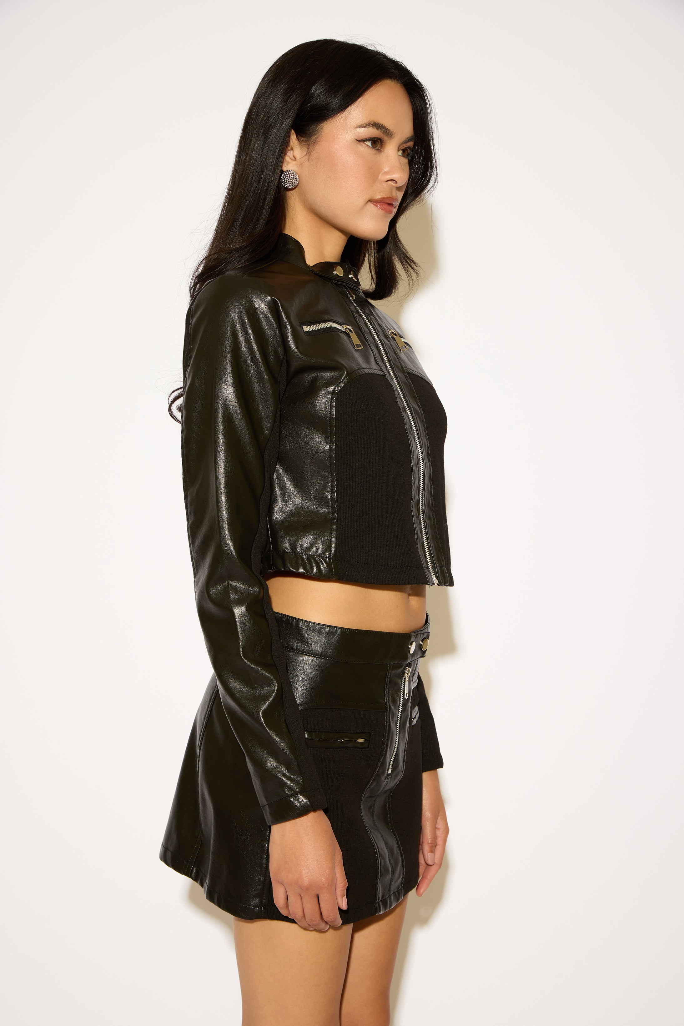 VEGAN LEATHER PANEL ZIP UP CROPPED MOTO JACKET