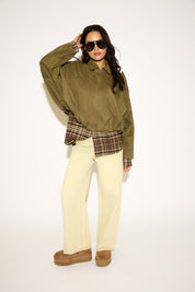 RUCHED BOTTOM VEGAN SUEDE COLLARED JACKET