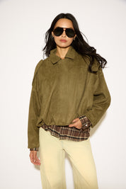 RUCHED BOTTOM VEGAN SUEDE COLLARED JACKET