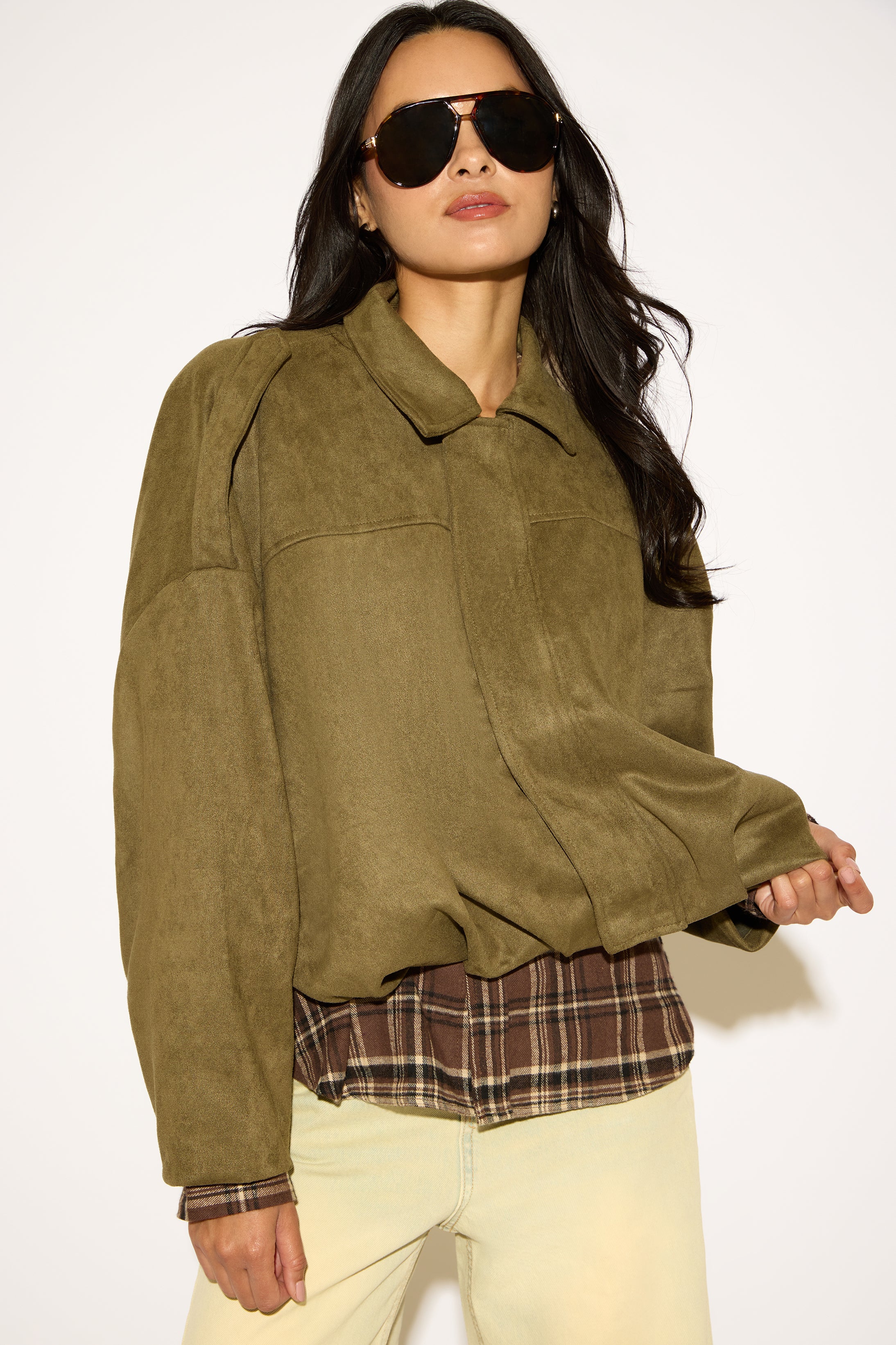 RUCHED BOTTOM VEGAN SUEDE COLLARED JACKET