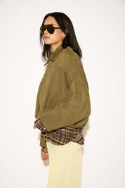 RUCHED BOTTOM VEGAN SUEDE COLLARED JACKET