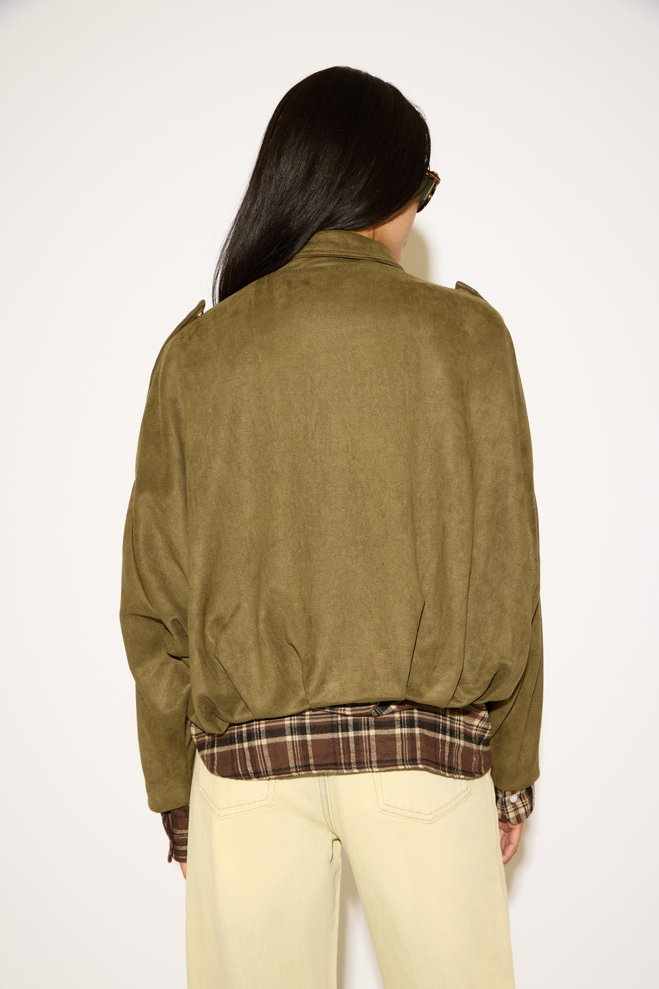 RUCHED BOTTOM VEGAN SUEDE COLLARED JACKET