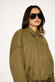RUCHED BOTTOM VEGAN SUEDE COLLARED JACKET