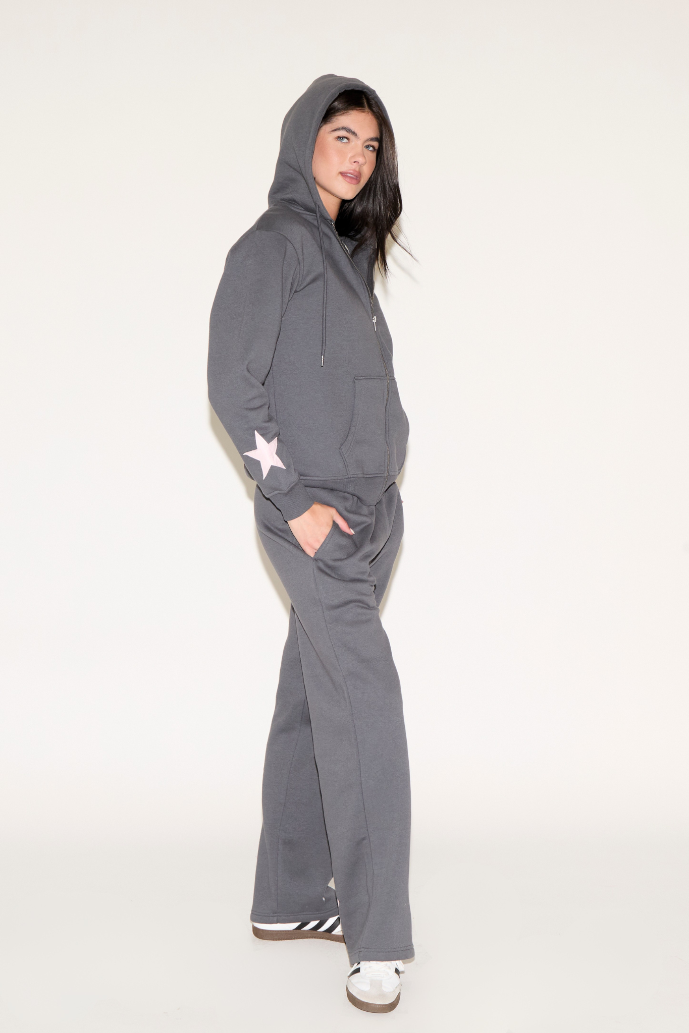 STARS ON SLEEVE ZIP UP HOODED SWEATSHIRT
