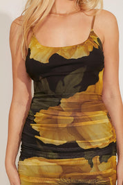FLORAL RUCHED X-CROSSBACK MINI DRESS