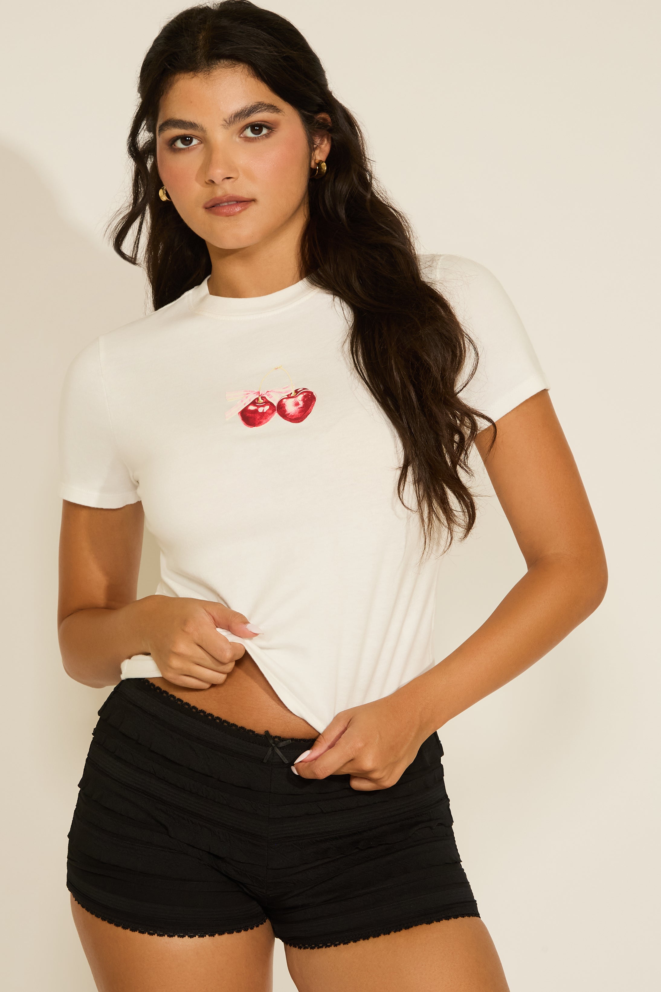 CHERRY WITH BOW PRINT DESIGN CROP T-SHIRT