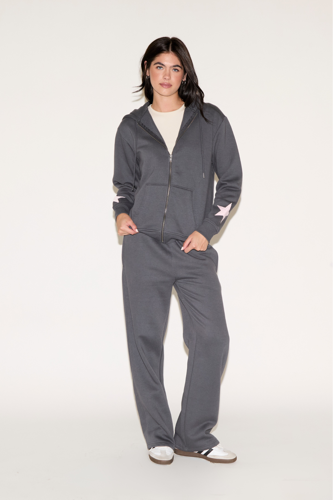 STARS ON SLEEVE ZIP UP HOODED SWEATSHIRT