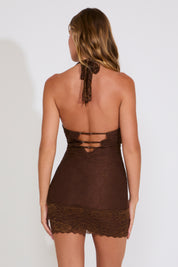 TIE NECK HALTER PLUNGE MINI LACE DRESS