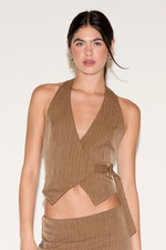 WRAP FRONT HALTER NECK PINSTRIPE VEST TOP