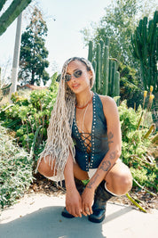 STUDDED VEGAN LEATHER DEEP V-NECK HALTER TOP