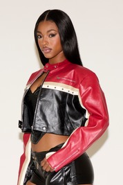 VEGAN LEATHER STRIPE STUDDED MOTO JACKET