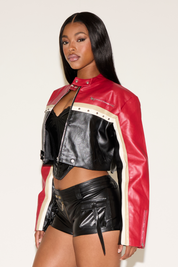 VEGAN LEATHER STRIPE STUDDED MOTO JACKET