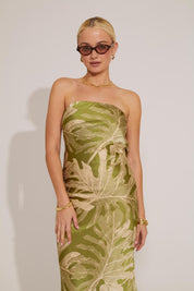 STRAPLESS CLASP-BACK TROPICAL PRINT MAXI DRESS