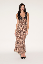 LACE TRIM LEOPARD PRINT MAXI SLIP DRESS WITH TIE