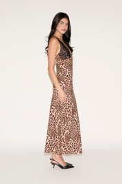 LACE TRIM LEOPARD PRINT MAXI SLIP DRESS WITH TIE