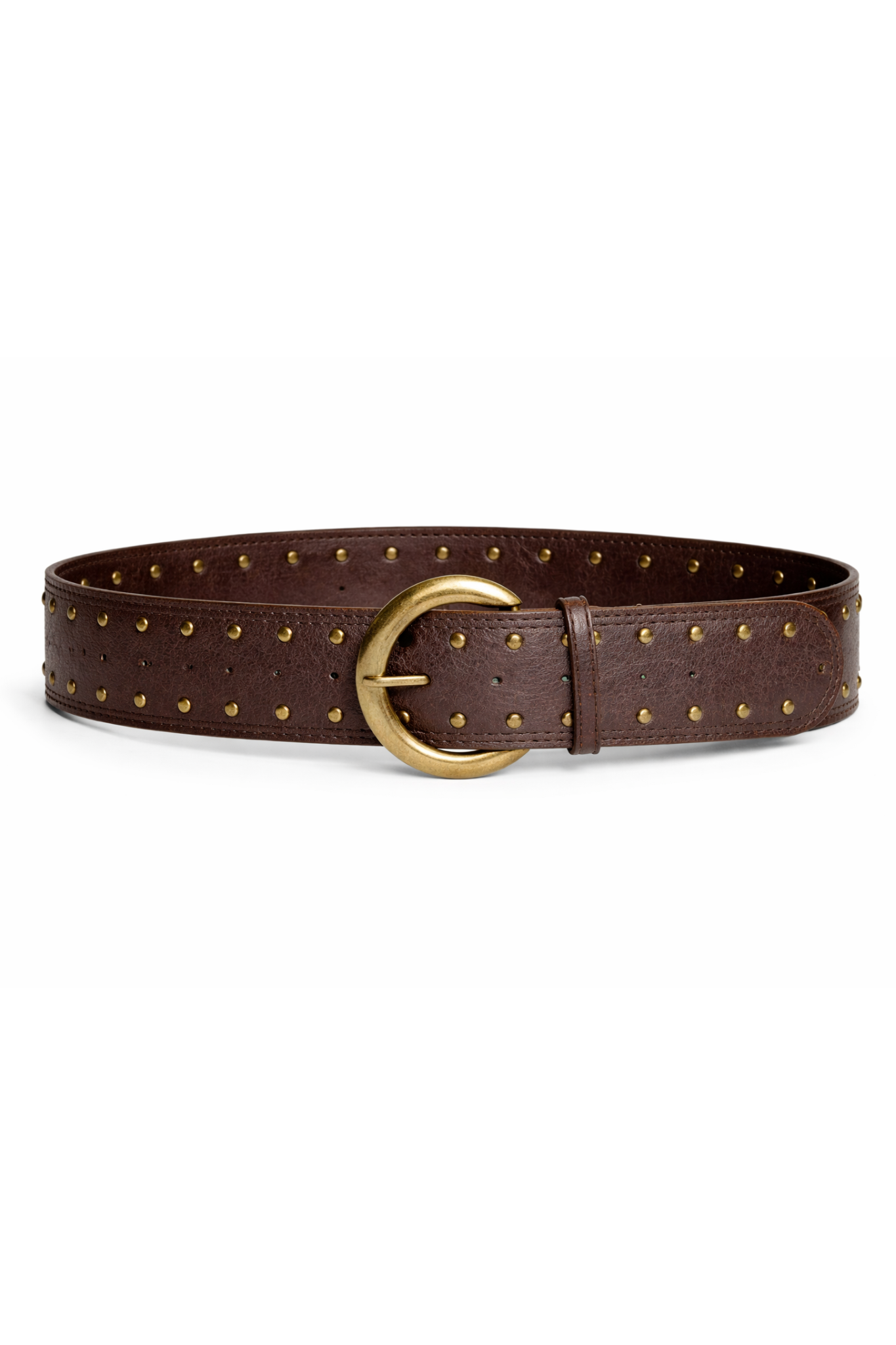 Brown belt with gold studs and buckle on a white background