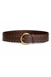 Brown belt with gold studs and buckle on a white background