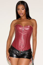 ZIP UP SWEETHEART NECKLINE VEGAN LEATHER CORSET TOP