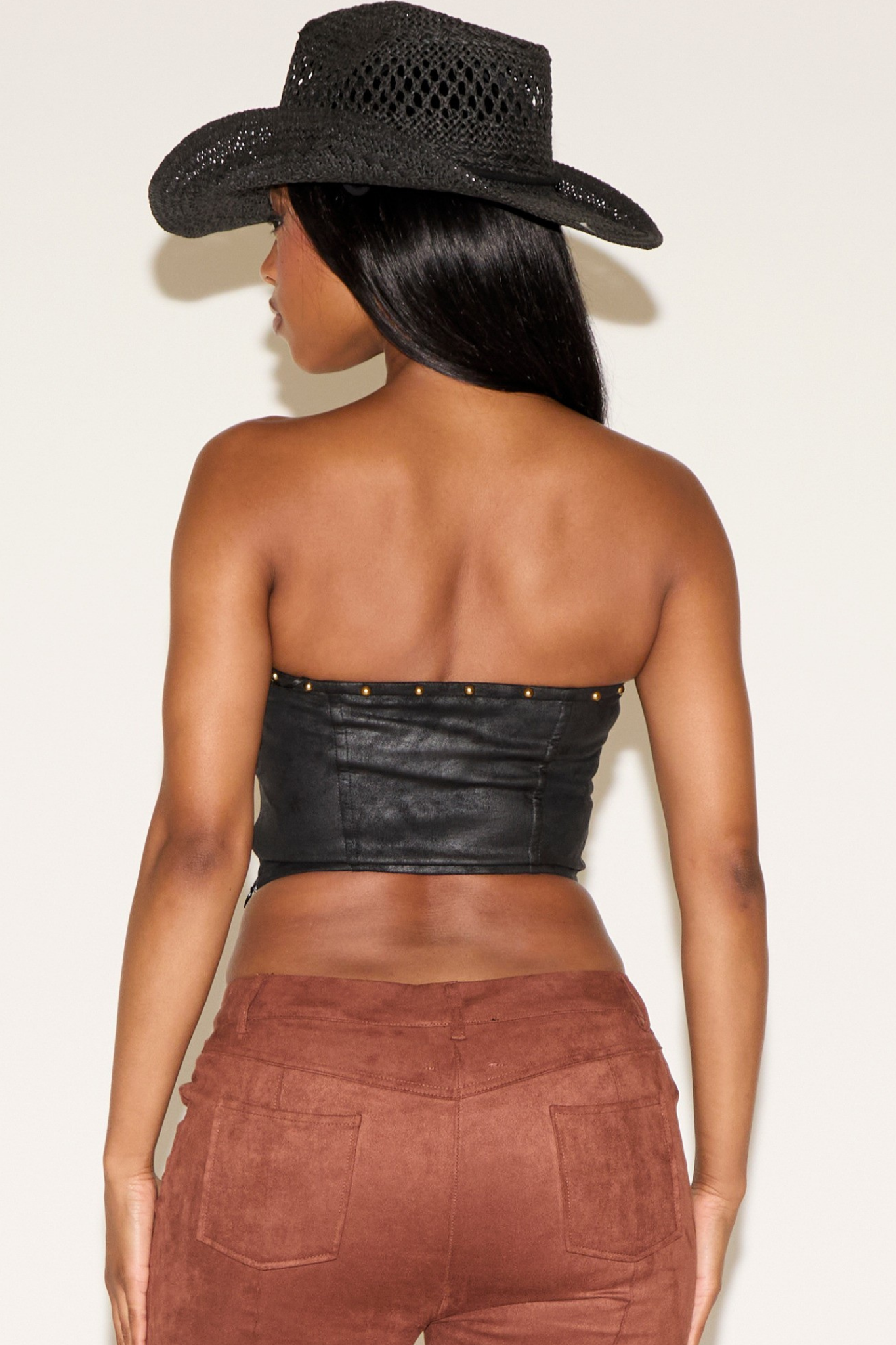 STUD & TIES DETAIL VEGAN SUEDE STRAPLESS CORSET TOP