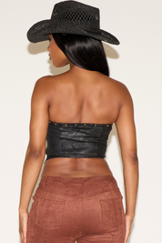 STUD & TIES DETAIL VEGAN SUEDE STRAPLESS CORSET TOP
