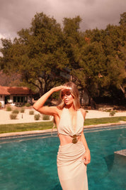 TEXTURED KNIT HALTER OPEN WAIST MIDI DRESS