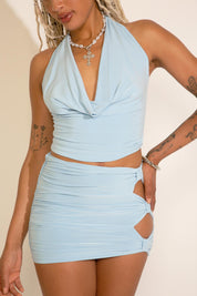 OPEN BACK HALTER CROP TOP & CUTOUT MINI SKIRT SET