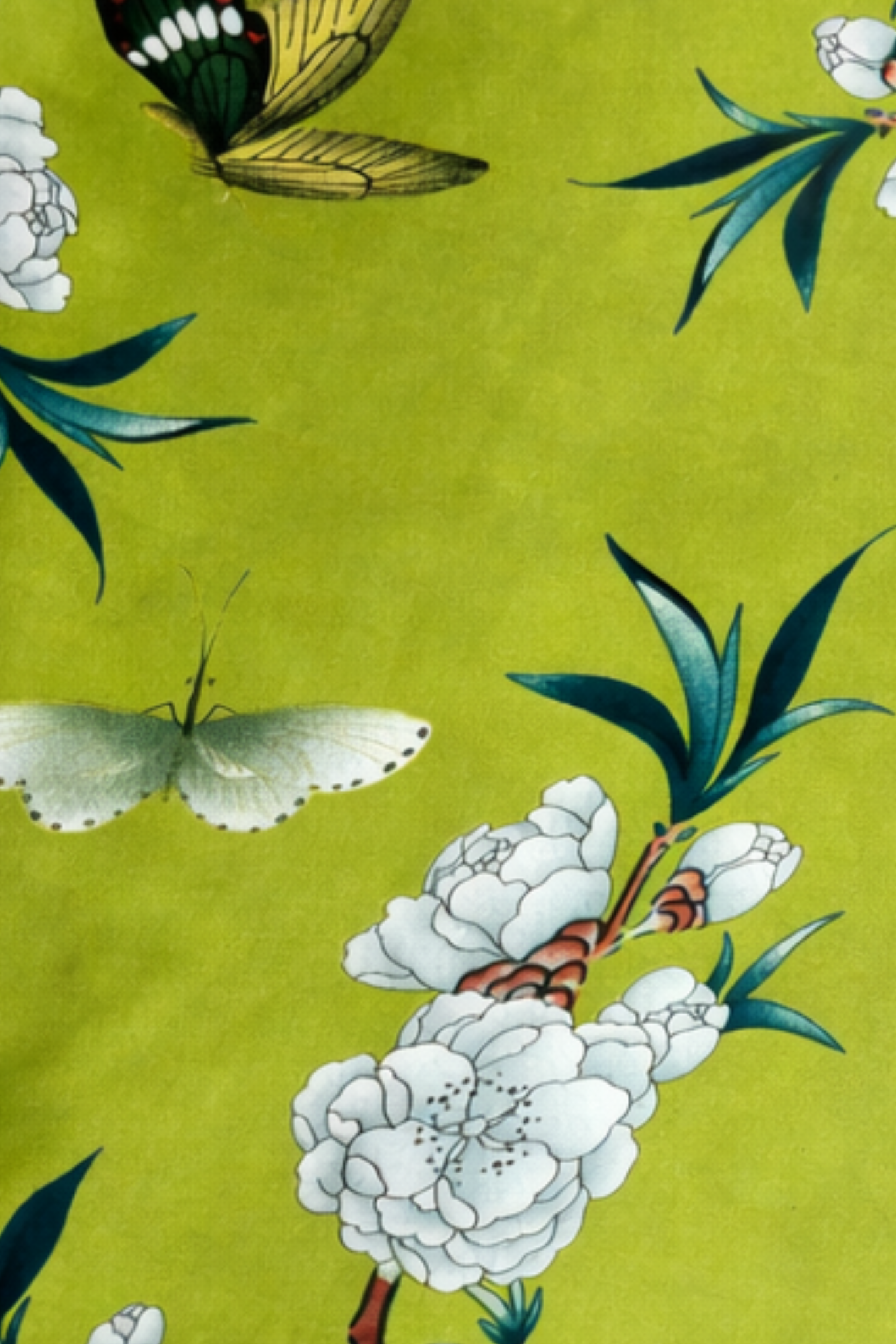 Floral and butterfly pattern on a green background