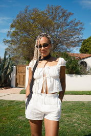 HIGH WAISTED ELASTIC BAND EYELET SHORTS