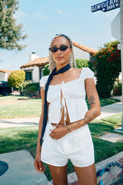 HIGH WAISTED ELASTIC BAND EYELET SHORTS