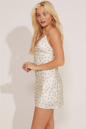FLOWER PRINT SATIN SLIP-ON MINI DRESS