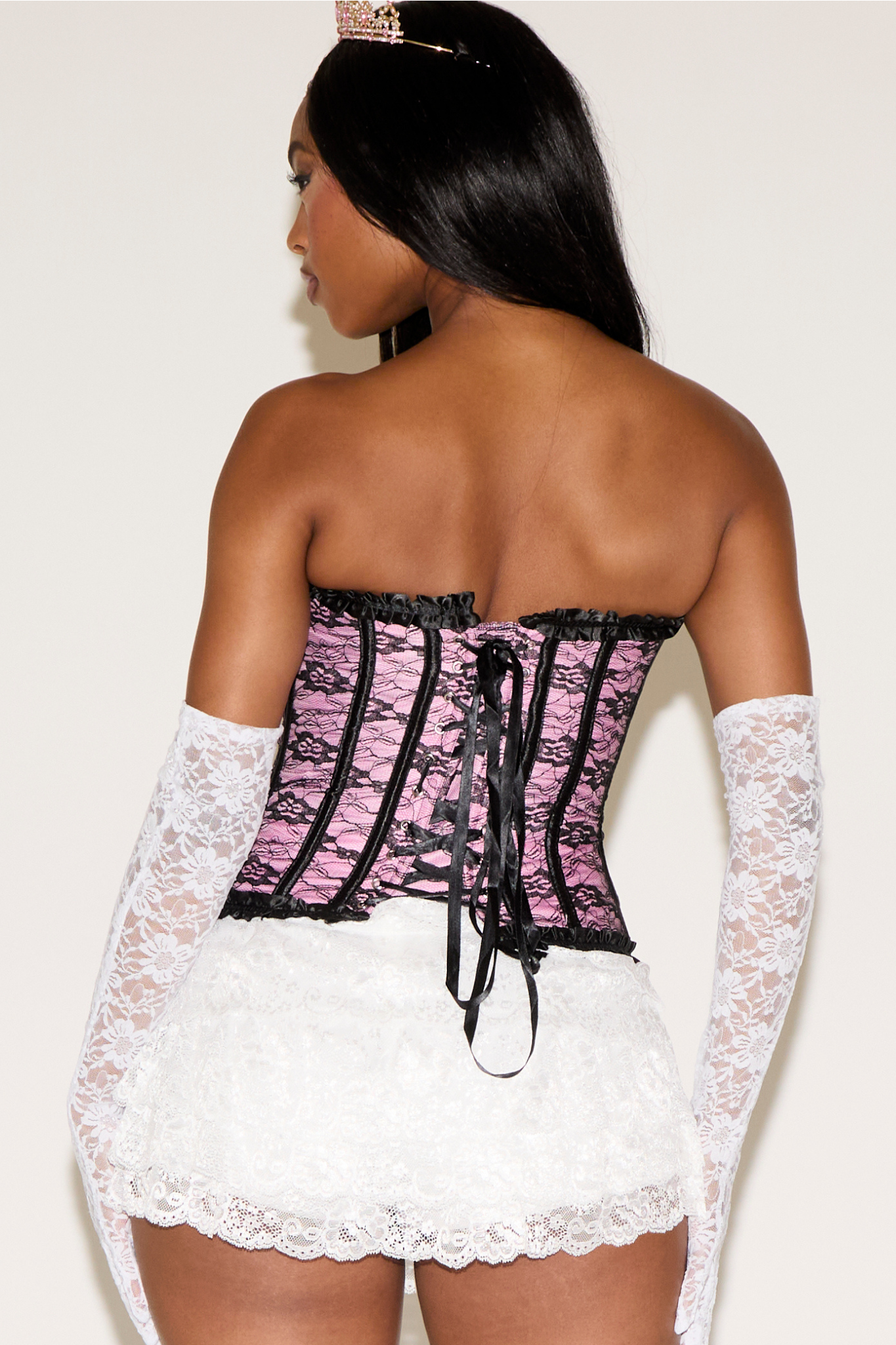 LACE OVERLAY SWEETHEART STRAPLESS BOW DETAIL CORSET