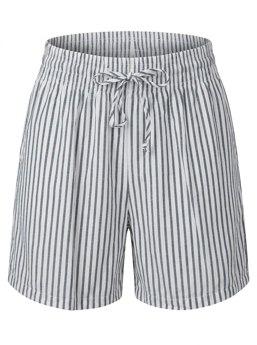 Ghost cut mannequin wearing STRIPE SEERSUCKER ELASTIC WAIST SHORT WITH POCKETS on  a white background. 