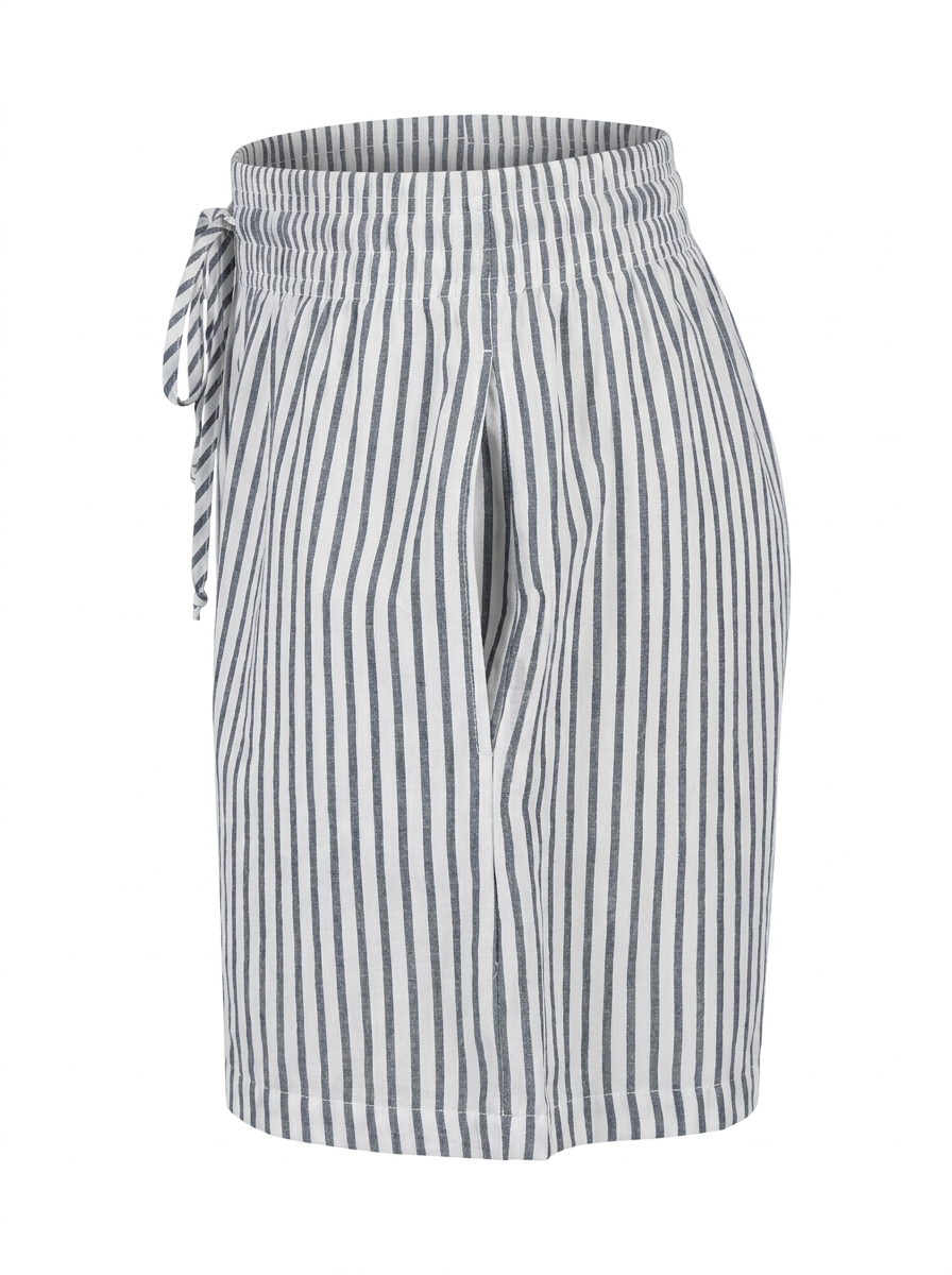 Ghost cut mannequin wearing STRIPE SEERSUCKER ELASTIC WAIST SHORT WITH POCKETS on  a white background. 